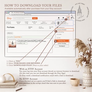 May include: A step-by-step guide on how to download digital files purchased from Etsy. The guide shows how to access the download files from your Etsy account, as well as how to download files if you purchased as a guest.