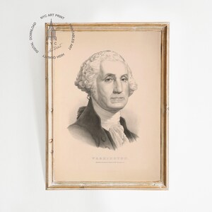 May include: A black and white portrait of George Washington in a frame. The portrait is a vintage style illustration.