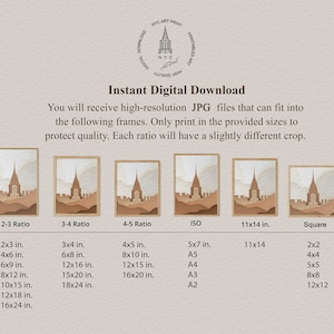 May include: Digital download art print featuring a minimalist illustration of a skyscraper in shades of brown and beige. The image includes text indicating various print sizes, such as 2x3 inches, 4x6 inches, and 11x14 inches, available for download.