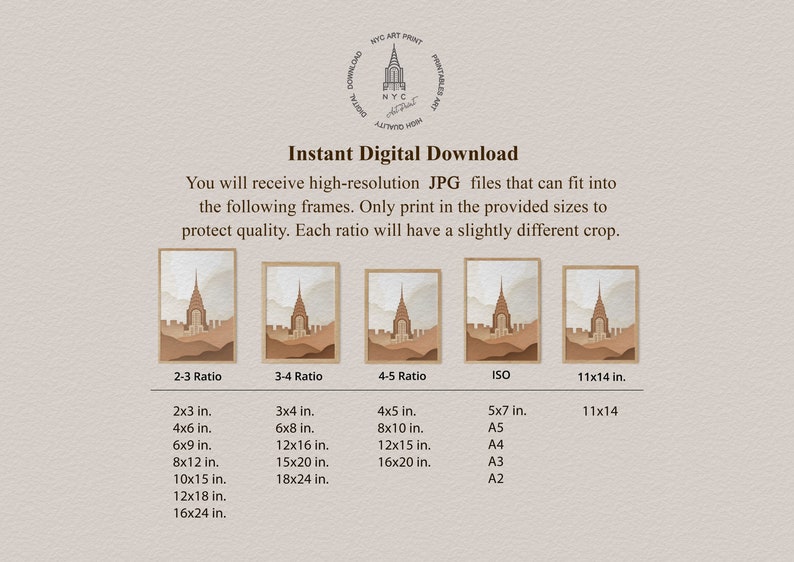 May include: Digital download art print featuring a minimalist illustration of a building in shades of brown and beige. The image includes text indicating available print sizes, such as 11x14 inches, and ratios like 2-3, 3-4, and 4-5.