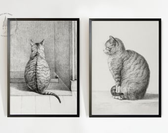 Set van 2 vintage kattenprints, kattenprint, kattenschetskunst, kattenmuurkunst, minimalistische kattenmuurkunst, kattenposter, zwart-witte kat, Cyperse kat