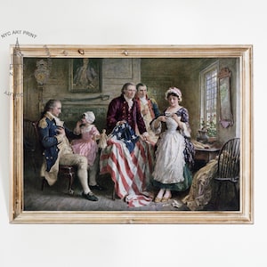 May include: A painting depicting a historical scene with four figures. A man in a blue uniform stands with a young girl in a white dress and a red and white striped skirt. A man in a red coat stands with a woman in a white dress with a green sash. The woman is holding a piece of fabric with red and white stripes. The painting is framed in a light wood frame.