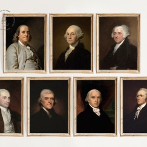 May include: A set of seven framed portraits of historical figures, each with a different person depicted. The portraits are all in a similar style, with a dark background and a light-colored frame. The figures are all men, and they are all wearing formal clothing. The portraits are arranged in a grid pattern, with three portraits in the top row, three portraits in the middle row, and one portrait in the bottom row.
