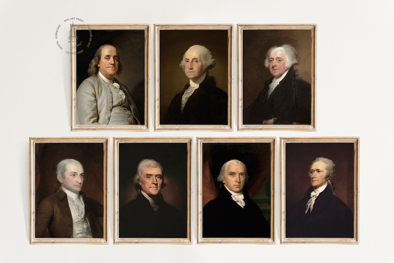 May include: A set of seven framed portraits of historical figures, each with a different person depicted. The portraits are all in a similar style, with a dark background and a light-colored frame. The figures are all men, and they are all wearing formal clothing. The portraits are arranged in a grid pattern, with three portraits in the top row, three portraits in the middle row, and one portrait in the bottom row.