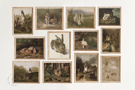 Vintage Spring Gallery wall Set of 12, Antique Rabbit Painting, Vintage Easter Prints, Bunnies Prints, Farmhouse Decor, Printable Wall Art