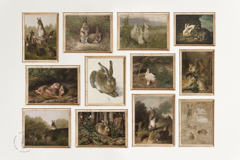May include: A collage of 12 framed vintage illustrations of rabbits and hares in various poses. The illustrations are in a rustic style and feature brown, white, and gray rabbits in a variety of settings, including forests, fields, and meadows.