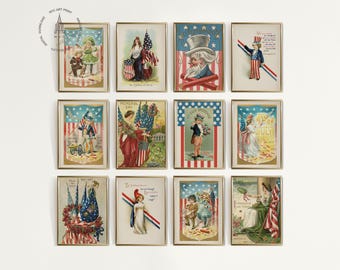 Set of 12 Vintage Patriotic Poster, 4th July, Uncle Sam Poster, Independence Day, Patriotic Postcard, Collage Sheet, Lady Liberty Art, USP02