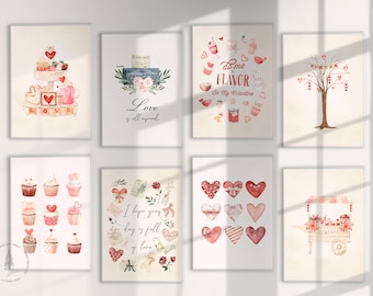 Juego de 8 pósteres de San Valentín, decoración para el día de San Valentín, paquete de impresiones de San Valentín, juego de impresiones rosas, arte de pared romántico