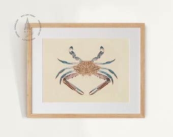 Vintage Blue Crab Print: Coastal Nautical Wall Art (Digital Download)
