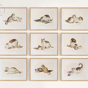 Vintage kattengalerij muur set van 9, katten prenten, antieke kat schilderij, portret kat, kitten kunstprint, kat poster, minimalistische kat kunst aan de muur