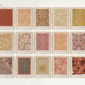 Pode incluir: Quinze impressões de arte emolduradas com designs de William Morris. As impressões apresentam vários padrões florais e botânicos em tons de vermelho, dourado, verde e castanho. Cada impressão é retangular com uma borda clara e o texto "WILLIAM MORRIS" na parte inferior.