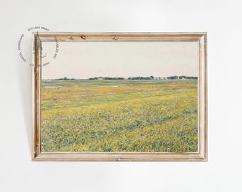Vintage Yellow Fields Print, Spring Landscape, Wildflower Field Painting, Yellow Flower Field Print, Spring Decor, Antique Oil Painting