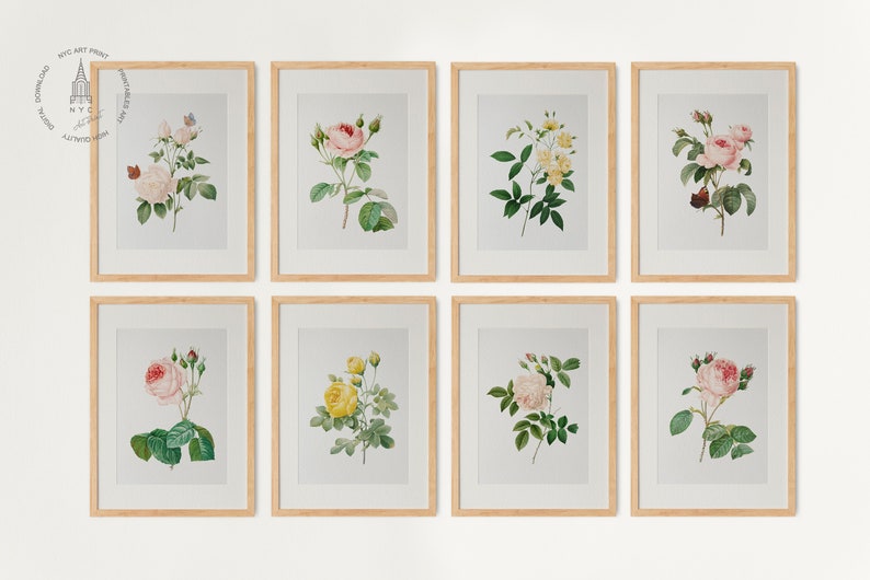 Op de afbeelding: Set van acht ingelijste botanische prints met verschillende soorten rozen in tinten roze, wit en geel. De prints zijn geplaatst tegen een witte achtergrond en zijn gerangschikt in een rasterpatroon.