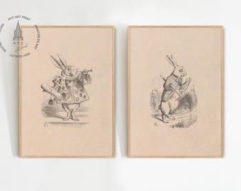 ヴィンテージウサギプリント2枚セット、白ウサギの絵、イースタープリント、バニープリント、ニュートラルプリントウォールアート、イースターデコレーション
