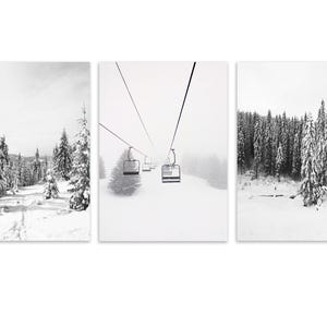 May include: A triptych of black and white winter landscape prints. The left panel shows snow-covered trees and a path. The center panel depicts a ski lift. The right panel features a snow-covered forest. The prints are from NYC Art Print.