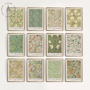 Op de afbeelding: Twaalf afdrukbare kunstprints met bloemmotieven in tinten groen, roze en geel. Elke print heeft de tekst "William Morris" onderaan.
