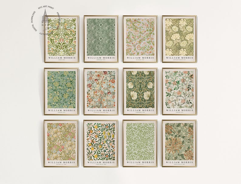Op de afbeelding: Twaalf afdrukbare kunstprints met bloemmotieven in tinten groen, roze en geel. Elke print heeft de tekst "William Morris" onderaan.