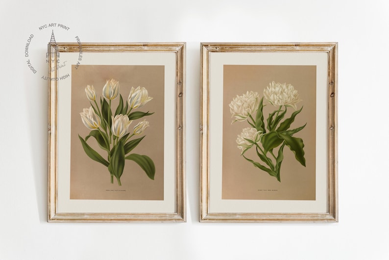 Puede incluir: Dos estampados bot&aacute;nicos enmarcados que presentan flores blancas con hojas verdes sobre un fondo beige. Las impresiones est&aacute;n en marcos simples de madera clara.