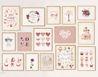 Juego de 15 pósteres de San Valentín, decoración para el día de San Valentín, impresiones rosas, arte romántico para pared.