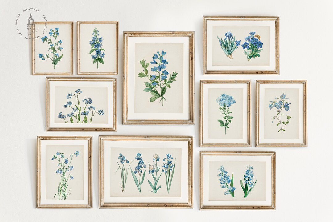 Vintage Botanical Prints Gallery Wall Set of 10, Blue Floral Poster ...