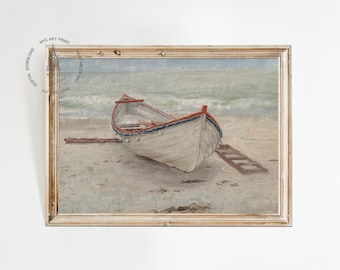 Stampa di paesaggio marino vintage, dipinto di barca da pesca, decorazione murale di barche da pesca costiere, decorazione murale di paesaggio marino nautico, decorazione per casa al mare