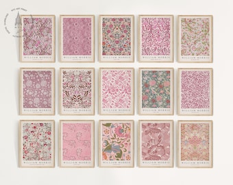 William Morris Prints Gallery Wall Set of 15, Vintage Exhibition Posters, William Morris Poster, Botanical Wall Art, Pink Tone Pattern, WM02