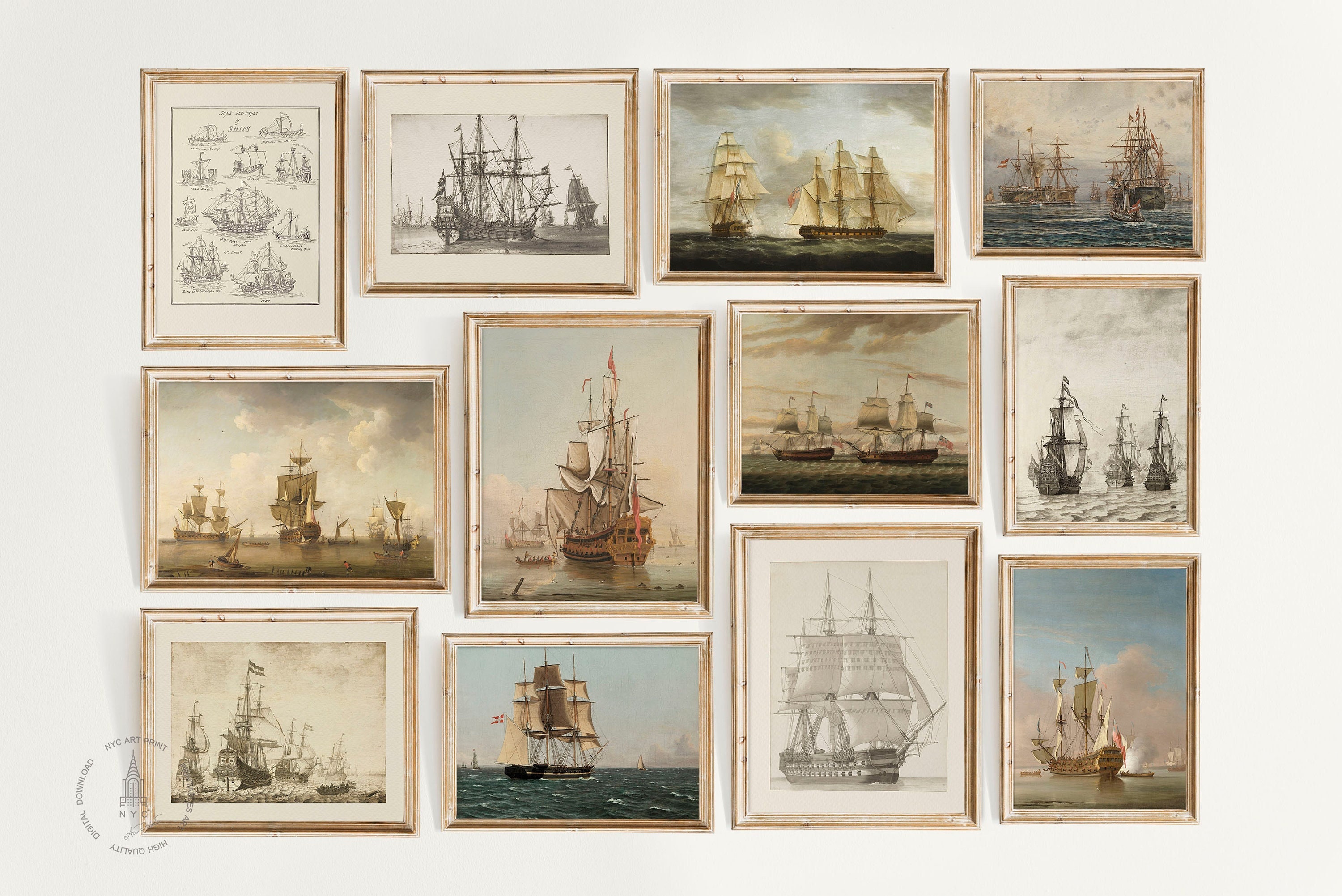 Vintage Warship Wall Art Set of 12, Sailing Ship Prints, Nautical Seascape Wall Art, Man O War, Navy Warship, HMS Hood British Battleship