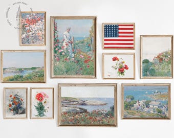 Vintage 4 juli-väggtryck, set med 10, amerikansk inredning, självständighetsdagenkonst, USA sommarväggdekor, vallmotryck, digital nedladdning
