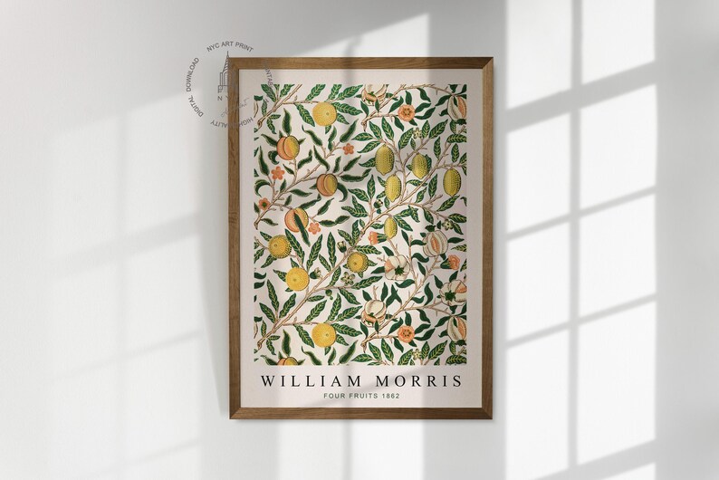 May include: A framed print of a vintage botanical illustration featuring a repeating pattern of green leaves, white flowers, and yellow and orange fruits. The print is titled "William Morris Four Fruits 1862".