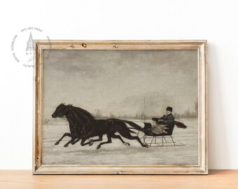 May include: A vintage painting depicting a horse-drawn carriage with two black horses galloping through a snowy landscape. The carriage is being driven by a person wearing a dark coat and hat.
