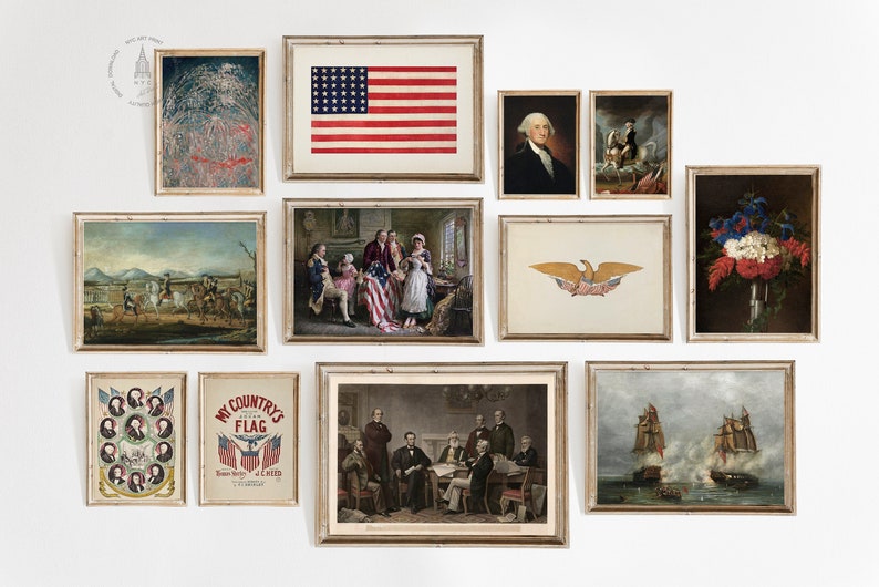 Puede incluir: Una galer&iacute;a de pared de obras de arte enmarcadas con temas patri&oacute;ticos. La galer&iacute;a incluye im&aacute;genes de la bandera estadounidense, George Washington, un &aacute;guila calva, un arreglo floral y escenas hist&oacute;ricas.