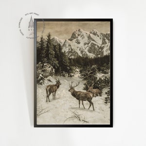May include: A vintage illustration depicting a snowy mountain landscape with three deer in the foreground. The deer are brown and have large antlers. The mountains are covered in snow and the sky is a light blue.