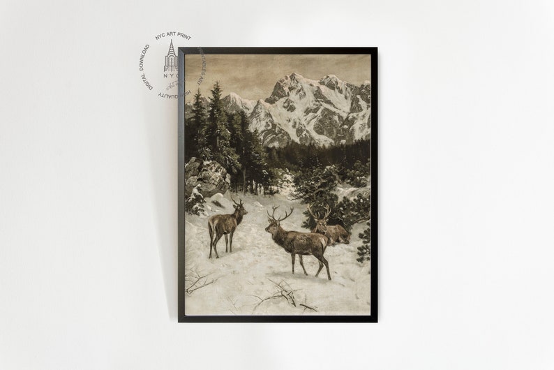 May include: A vintage illustration depicting a snowy mountain landscape with three deer in the foreground. The deer are brown and have large antlers. The mountains are covered in snow and the sky is a light blue.
