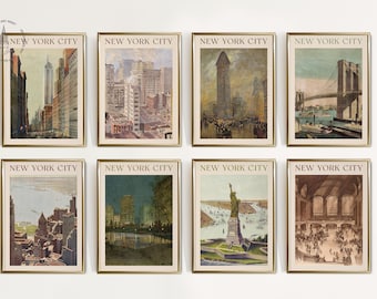 Juego de 8 láminas de arte vintage de Nueva York, póster de Nueva York, arte mural de Nueva York, póster retro de Nueva York, decoración de la ciudad de Nueva York, póster de Nueva York