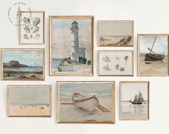 Vintage Seascape Gallery Wall Print Set of 9, Seascape Painting, Coastal Home Decor, Summer Printable, Neutral Wall Art, Fishing Boat Print