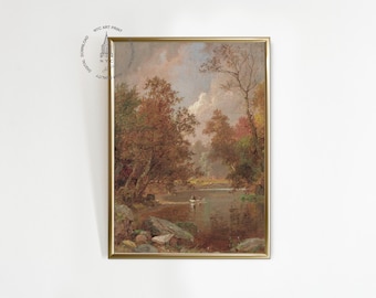 Puede incluir: Una pintura que representa una escena de bosque con un río en primer plano. Los árboles están en colores otoñales, con tonos de rojo, naranja, amarillo y marrón. El río es tranquilo y reflectante, con algunos barcos en el agua. El cielo es de un azul claro con algunas nubes.