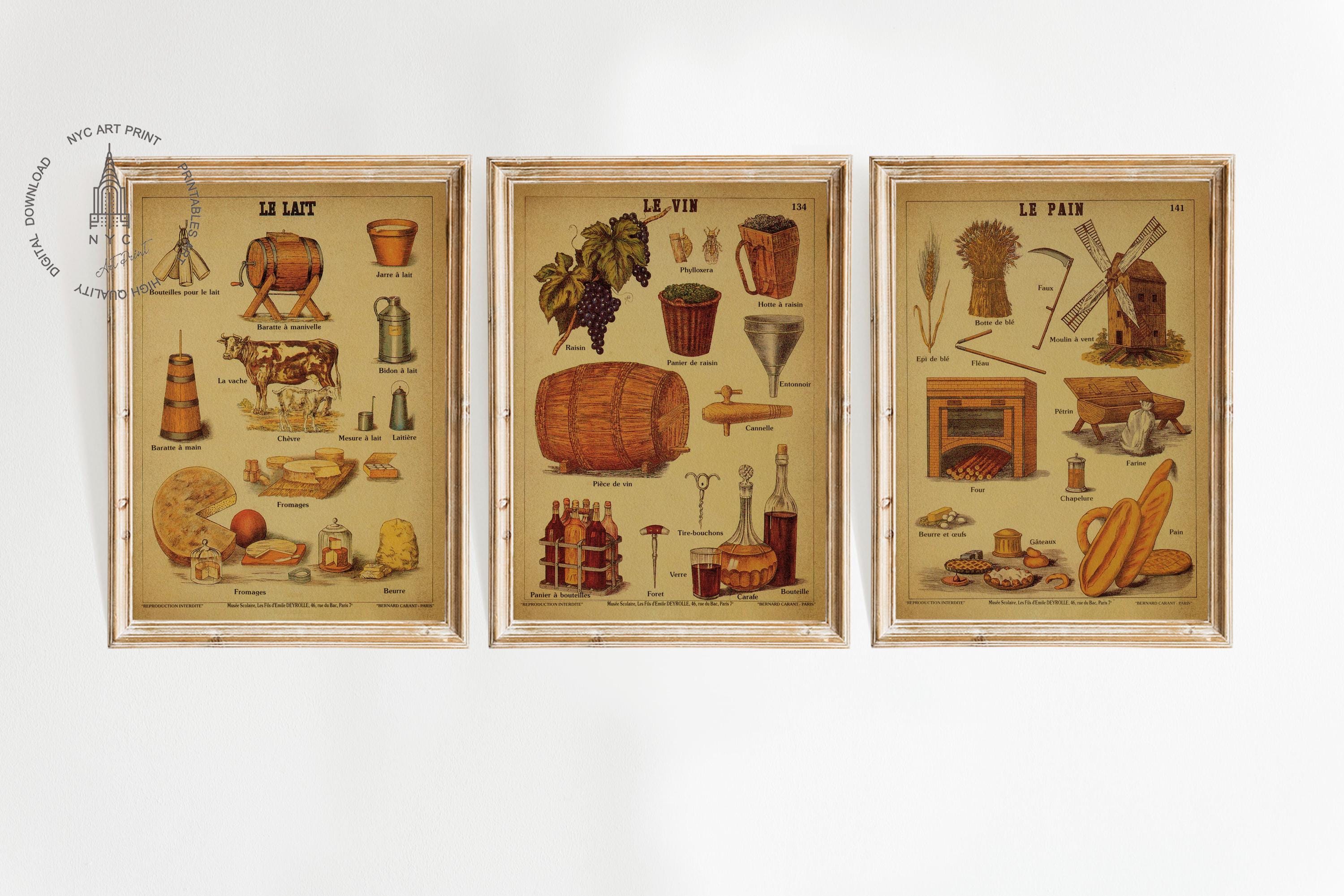 Set of 3 Vintage Kitchen French Poster, Cheese Print, Food Prints