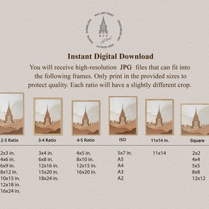 Op de afbeelding: Een digitale download van een printbare kunstprint met een gestileerde illustratie van de skyline van New York in bruine en beige tinten. De afbeelding is beschikbaar in verschillende beeldverhoudingen en formaten, waaronder 2x3, 3x4, 4x5, ISO, 11x14 inch en vierkant.
