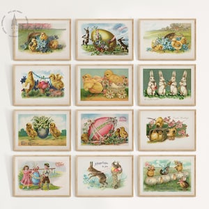Lot de 12 oeuvres d'art murales de la galerie de Pâques vintage, cartes postales de Pâques anciennes, estampes de Pâques, voeux de Pâques, impression de printemps, affiche de Pâques, EG4