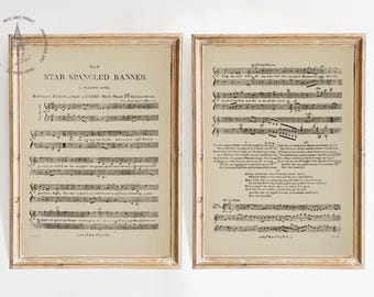 Star Spangled Banner Print, Set of 2 Vintage Sheet Music, Vintage 4th of July Print, Hymnal Wall Art, American Art, The First Sheet Music