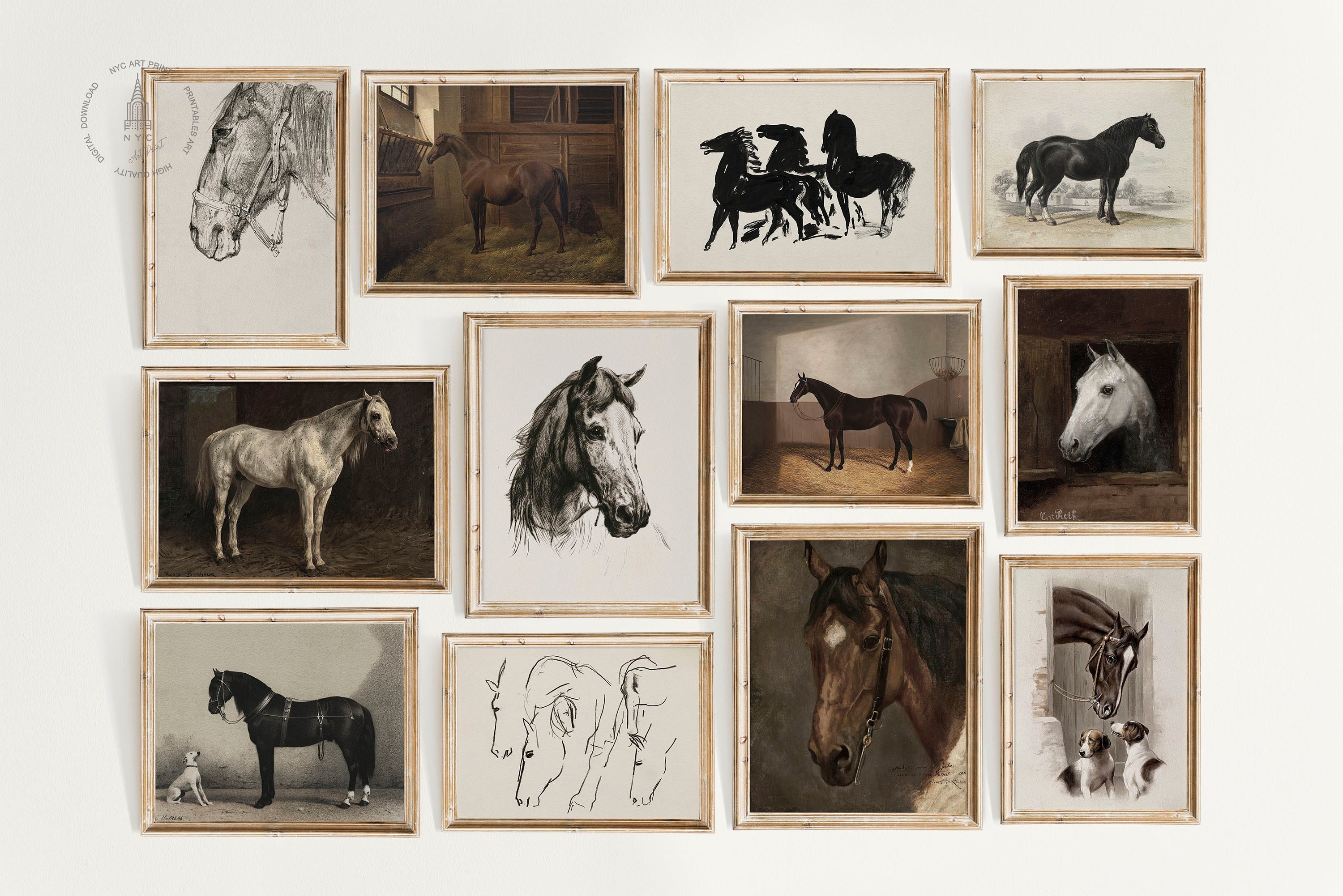 Set of 12 Vintage Horse, Horse Prints, Vintage Horse Painting, Equestrian Wall Art, Horse Decor, Rustic Decor,Horse Poster