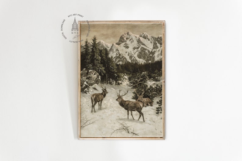 May include: A vintage illustration depicting a snowy mountain landscape with three deer in the foreground. The deer are brown and have large antlers. The mountains are covered in snow and the sky is a light blue.