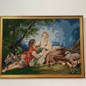 vintage handgemaakte barokke herder en herderin naaldpunt goud ingelijst kunstwerk groot