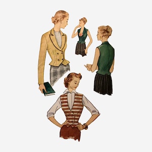 Peut inclure: Quatre illustrations de femmes portant différents styles de gilets. Les gilets sont tous cintrés et ont une silhouette ajustée. Les femmes portent des jupes et des chemisiers. Une femme tient un livre.