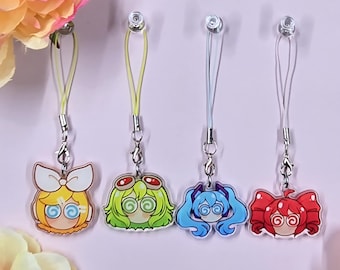 May include: Four colorful anime-style character charms with lanyards. Each charm features a different character with unique hair and eye colors: yellow, green, blue, and red. The charms are attached to silver-colored clasps and lanyards.