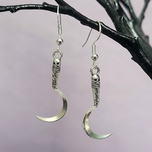Sickle Earrings | Silver Scythe Charm, Gothic Jewellery
