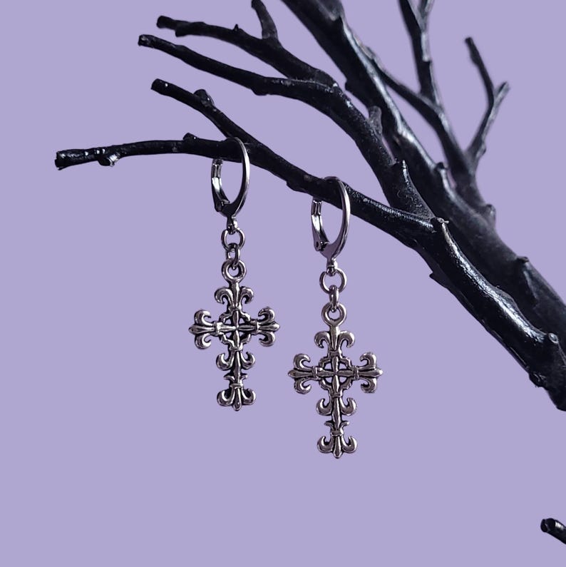 Gothic Cross Earrings | Romantic Gothic Jewellery, Ornate Silver Cross Studs, Filigree Earrings, Drop Stud Earrings, Alternative Jewelry Huggie Hoops