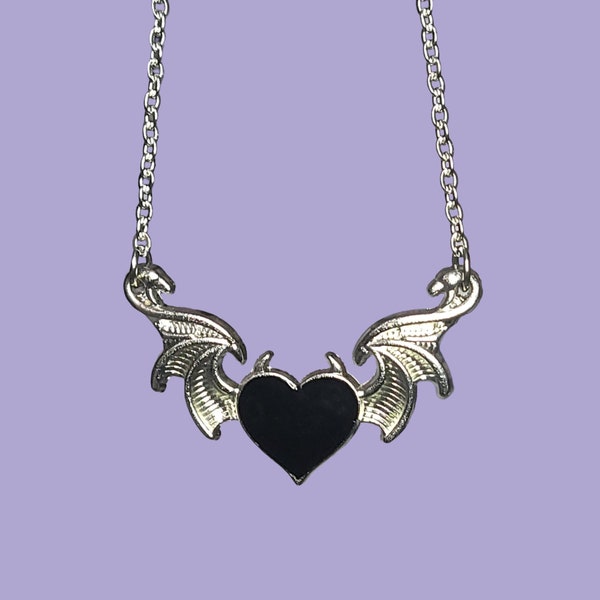 Wickedly Cool Black Heart and Bat Wing Pendant - Gothic Horror Necklace