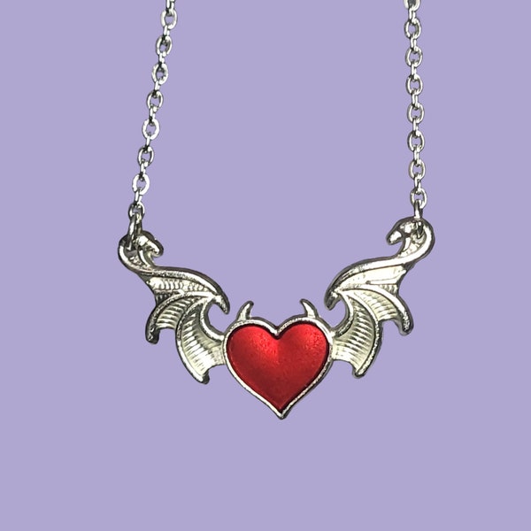 Gothic Red Heart Devil Wing Necklace - Horror Charm for Spooky Style