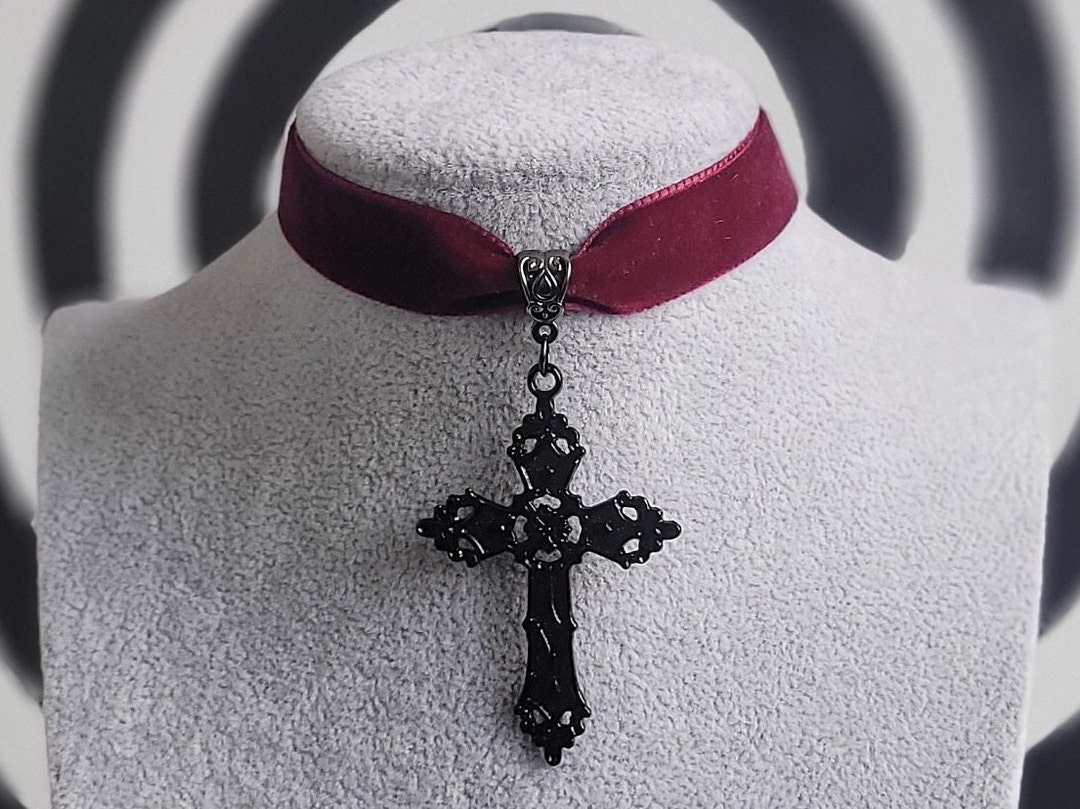 Gothic Cross Choker | Customisable Velvet Necklace With Black Cross ...